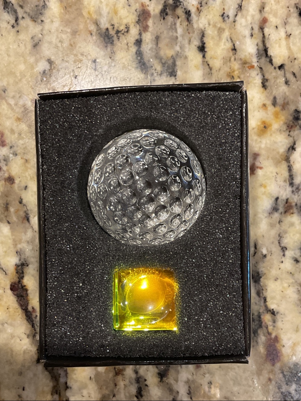 New in box glass golf ball and dichroic  stand